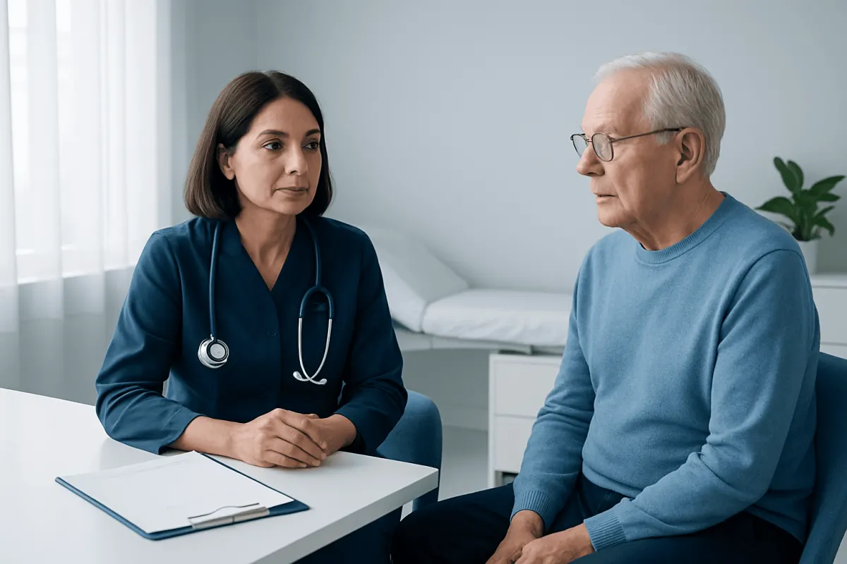 Doctor consulting with elderly patient in a medical office.