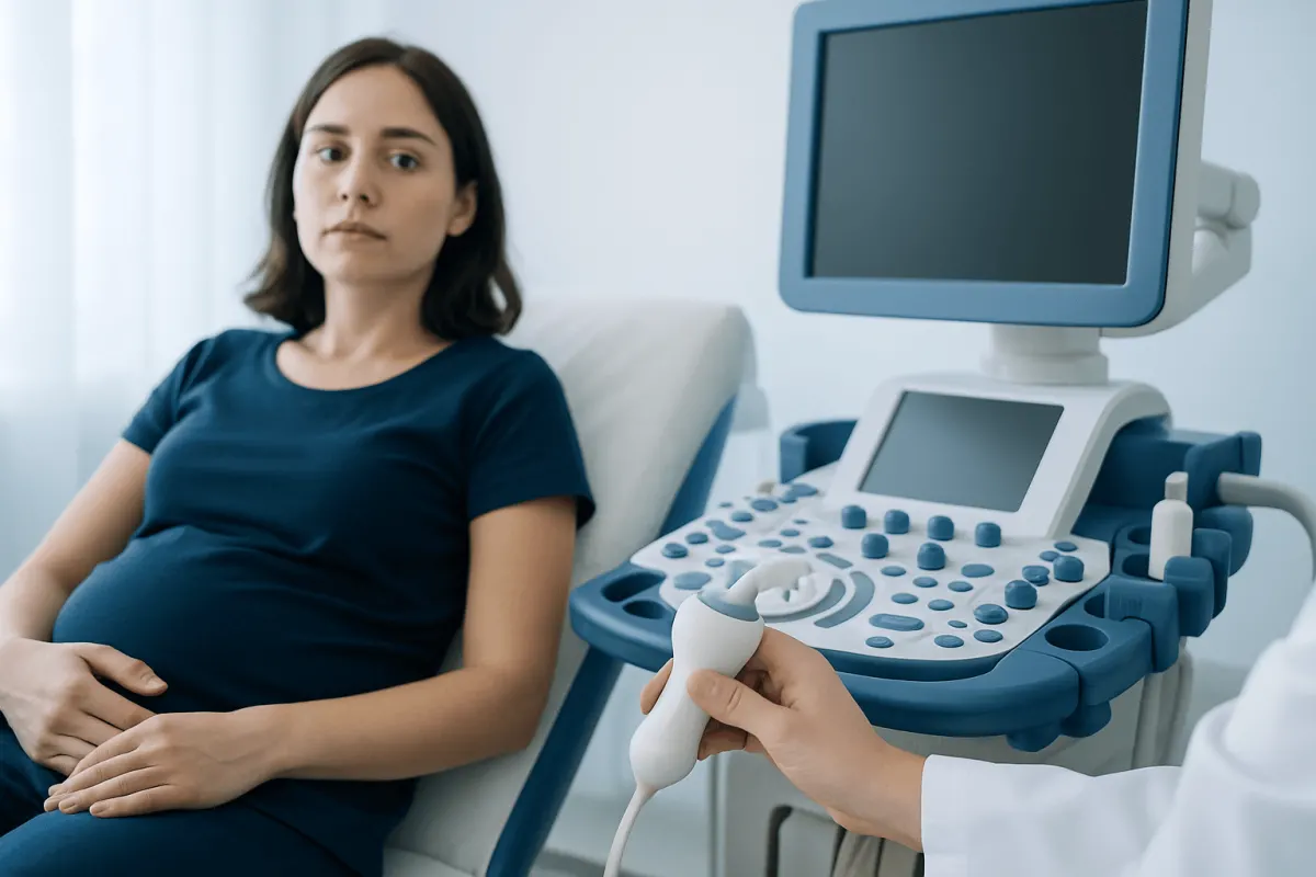 Woman undergoing an ultrasound examination in a medical clinic.