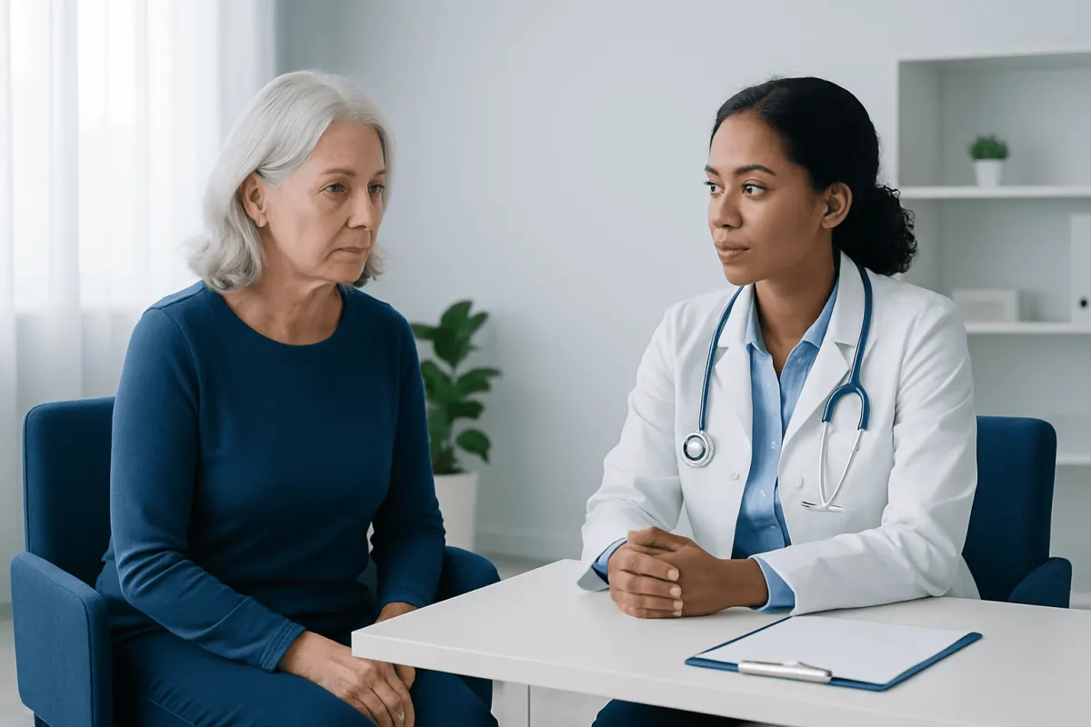 Doctor consulting with an elderly female patient in a medical office.