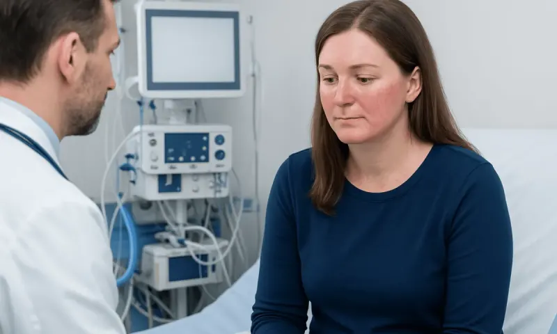 Doctor consulting with a patient in a hospital room.
