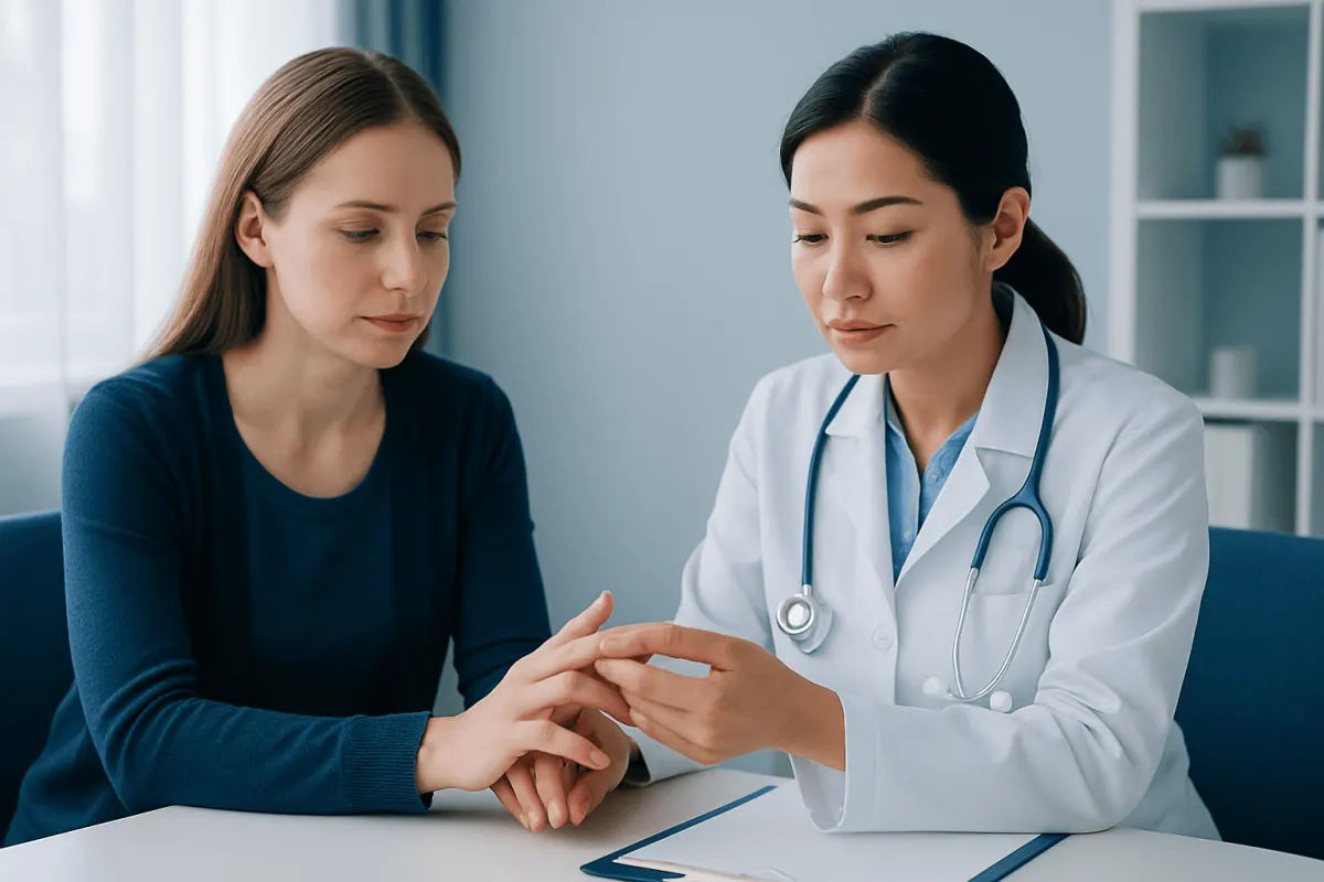 Doctor examining patient's finger for cyst or growth.