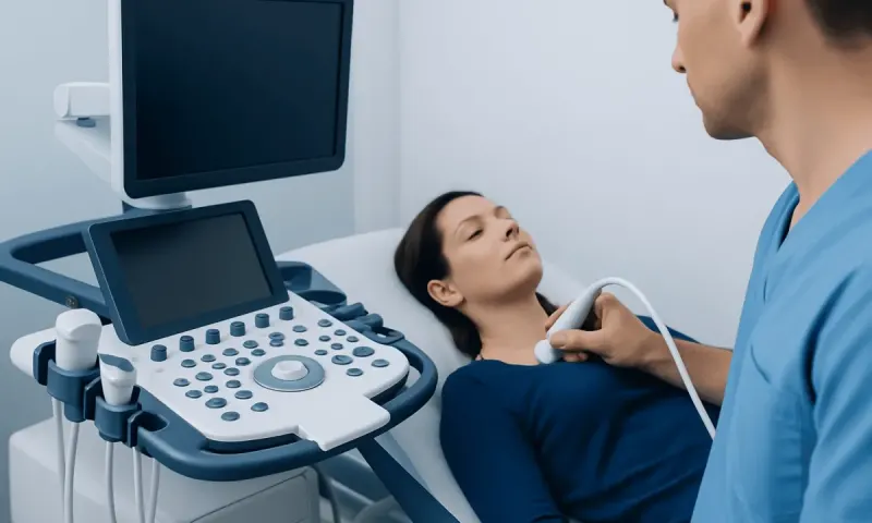 Medical professional performing an ultrasound on a patient in a clinical setting.