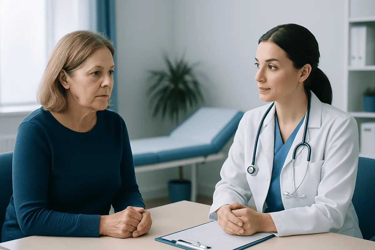 Doctor consulting with an older female patient in a medical office.