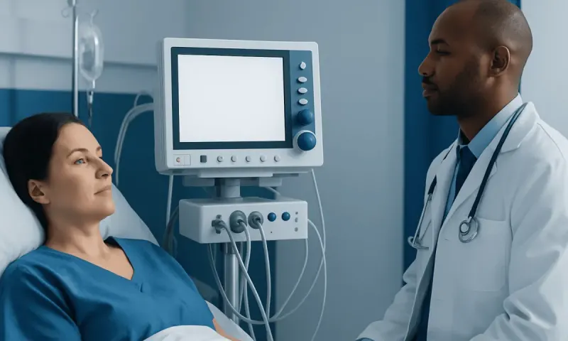 Doctor consulting patient in hospital room with medical equipment.