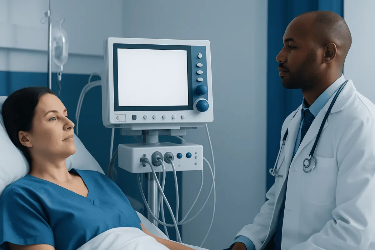 Doctor consulting patient in hospital room with medical equipment.