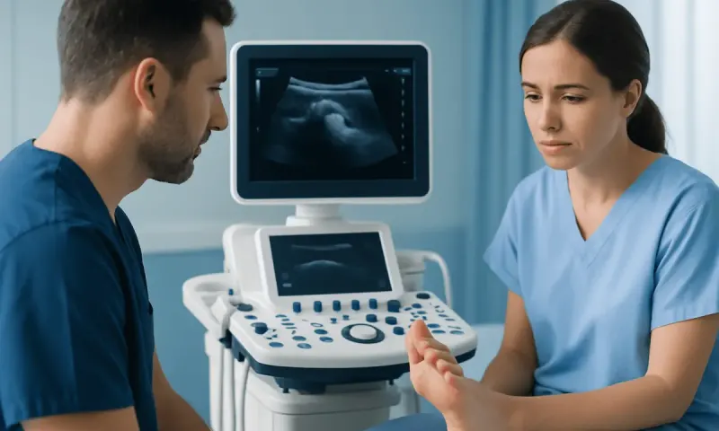 Medical professionals review ultrasound scan of a patient's foot injury.
