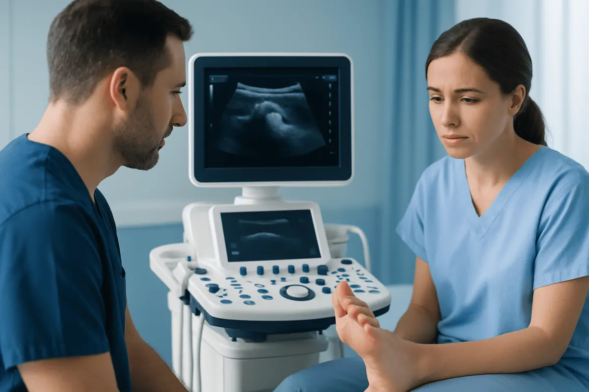 Medical professionals review ultrasound scan of a patient's foot injury.