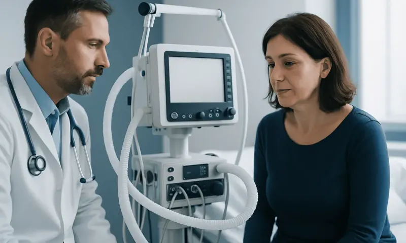 Doctor and patient in a medical consultation with ventilator equipment.