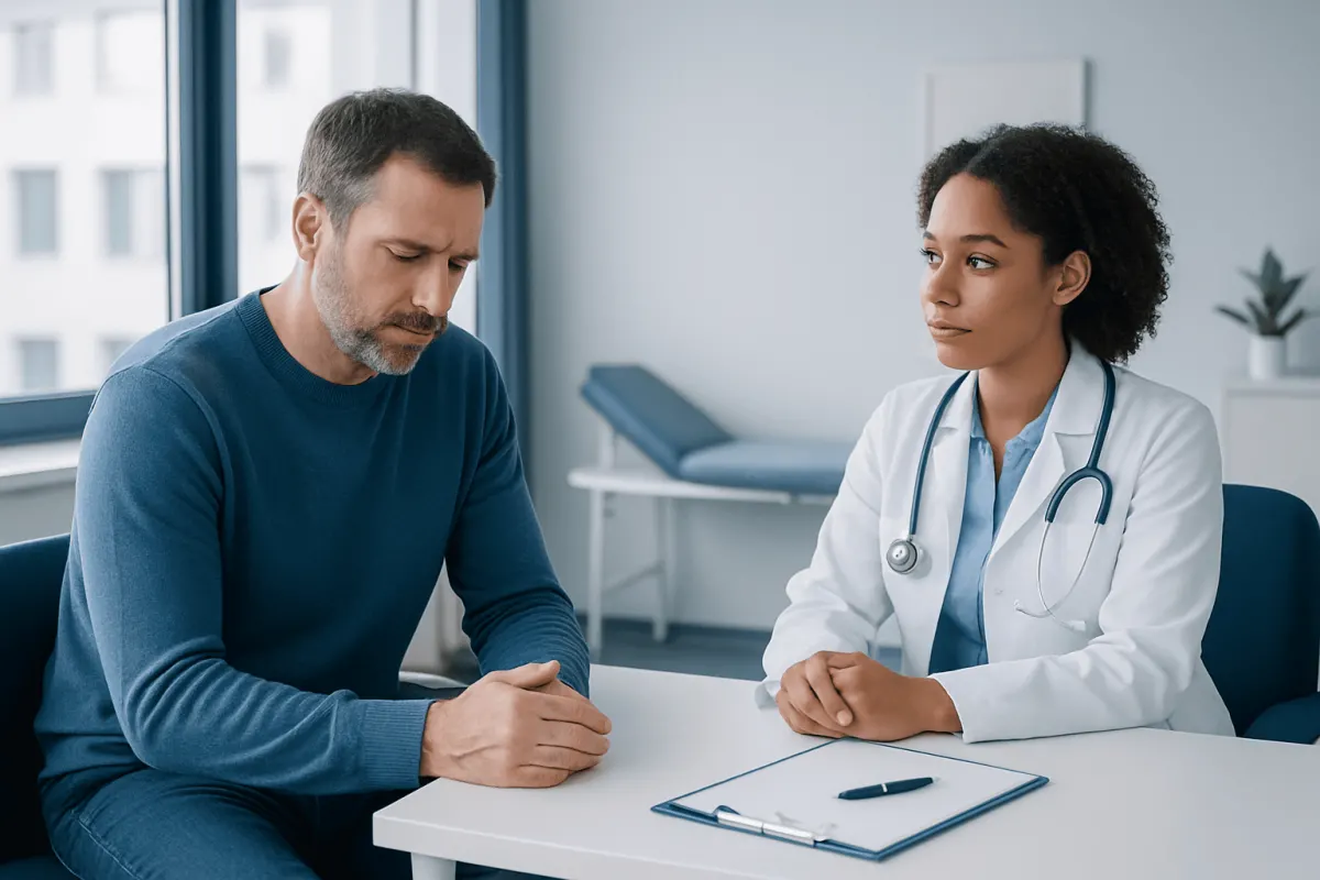 Doctor consulting with patient in a medical office setting.
