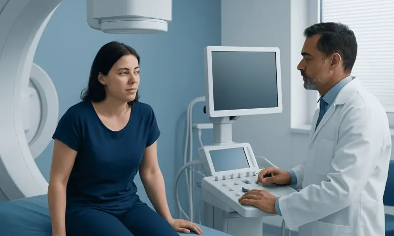 Patient undergoing medical examination in a hospital setting with ultrasound equipment.