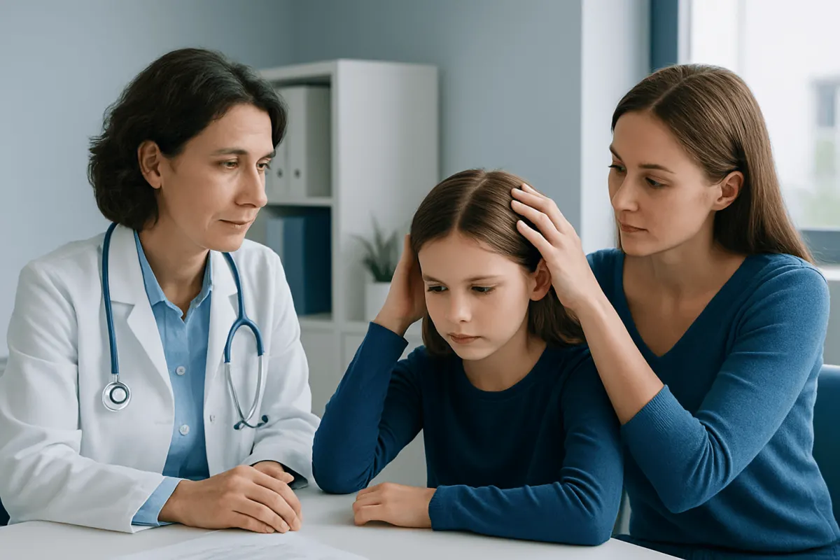 Doctor examining a young girl with her mother in a clinic setting.