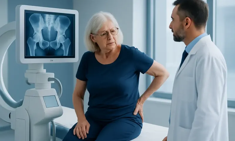 Doctor discussing hip X-ray with elderly patient in hospital.