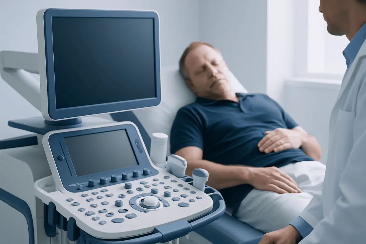 Patient undergoing ultrasound examination in hospital setting.