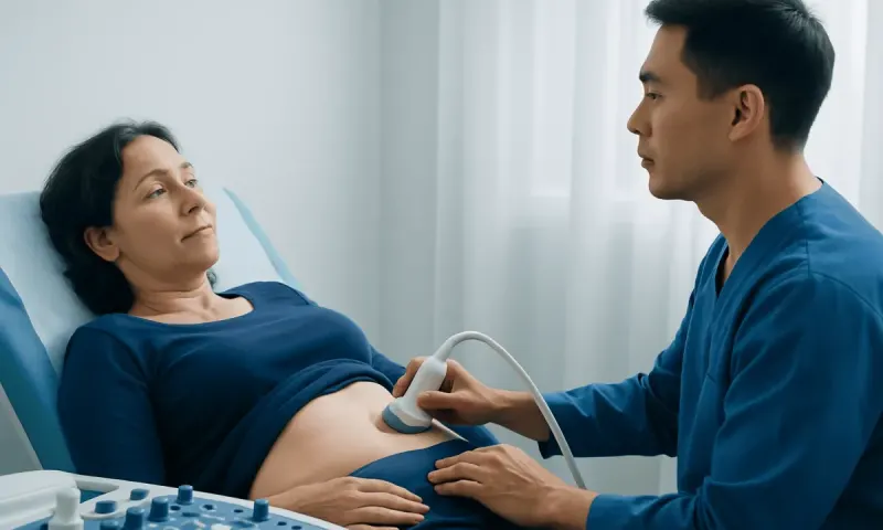 Doctor performing an ultrasound on a woman in a hospital bed.