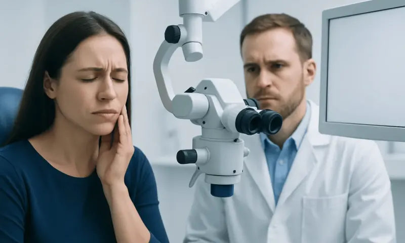 Dentist examines patient's oral health with a microscope in a clinical setting.