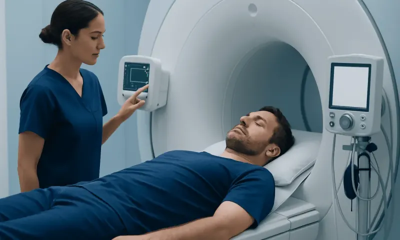 Medical technician operating MRI machine in hospital setting.