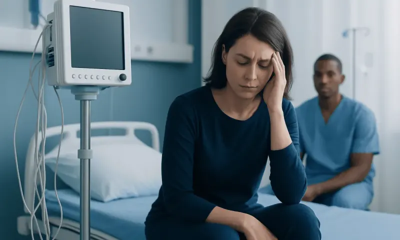 Woman in hospital experiencing stress, with a doctor in the background.
