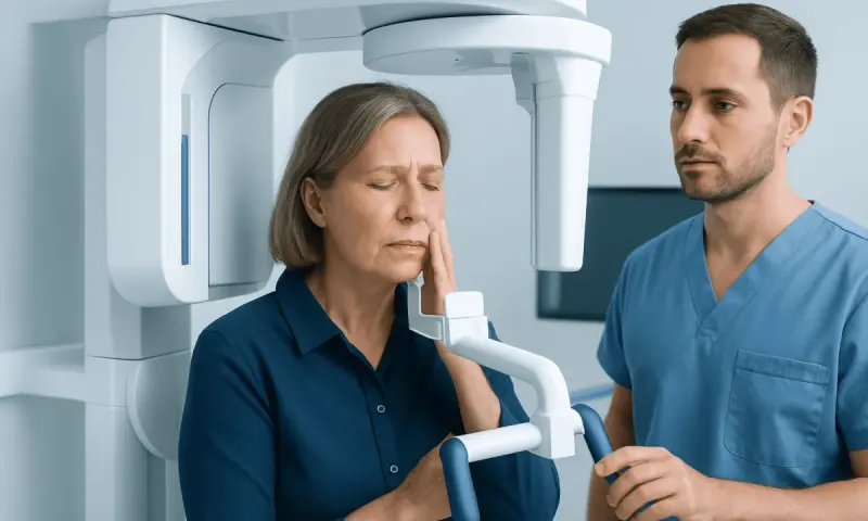 Woman undergoing dental X-ray scan at a medical facility.