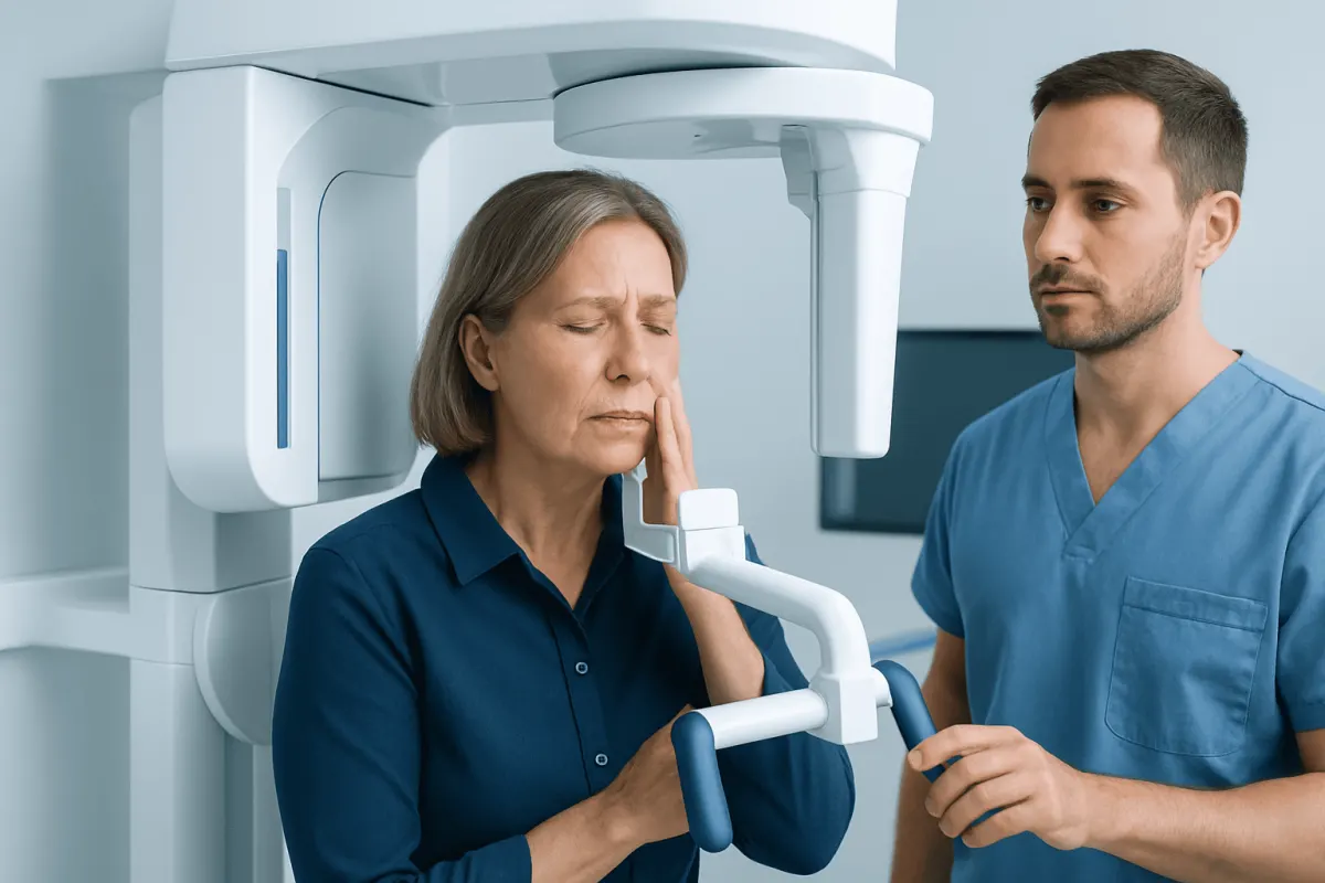 Woman undergoing dental X-ray scan at a medical facility.