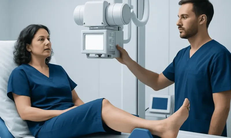 Medical professional performing an X-ray on a patient with a leg injury.