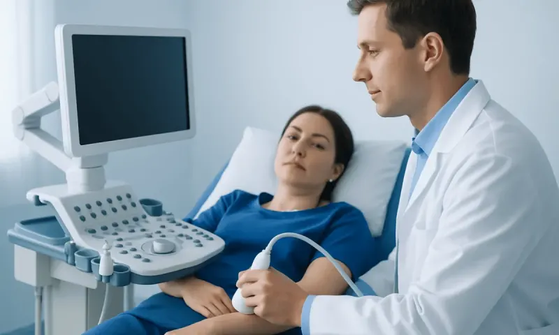 Doctor performing an ultrasound exam on a patient in a hospital room.