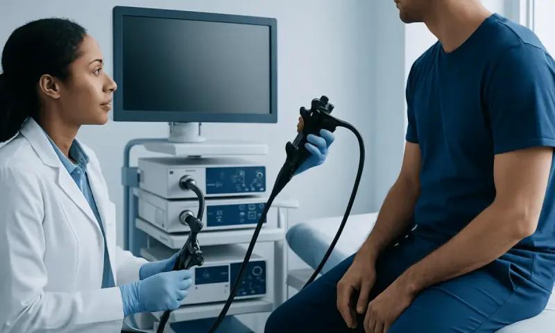 Doctor performing a medical examination with endoscopy equipment.
