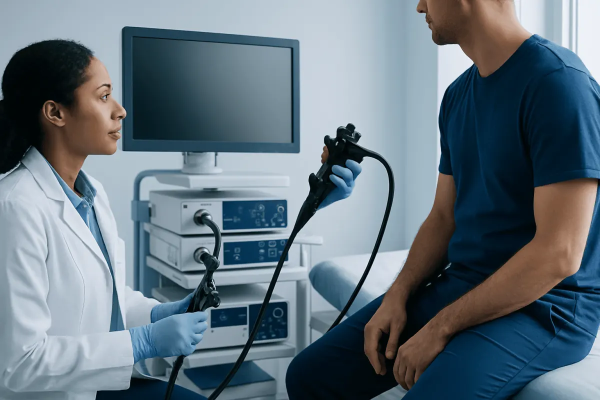 Doctor performing a medical examination with endoscopy equipment.