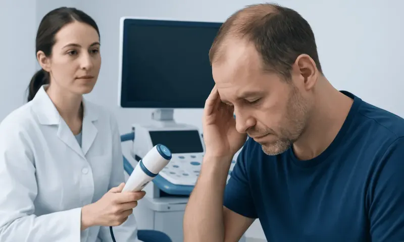 Doctor examining a patient with skin concern in a clinical setting.