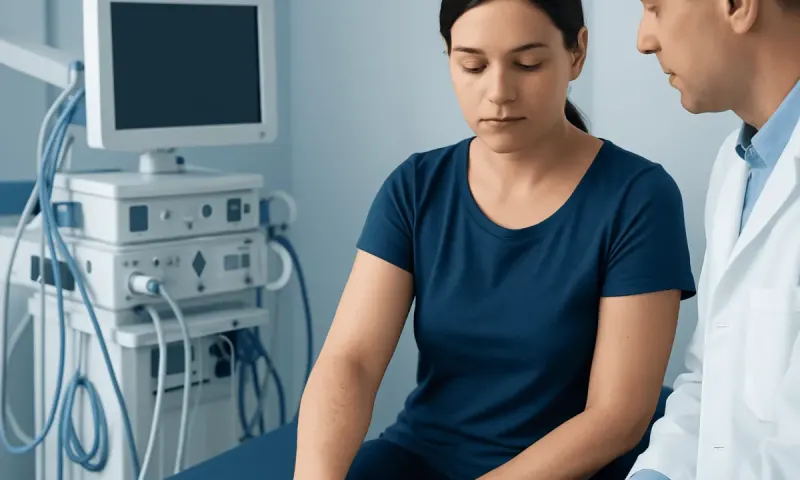 Doctor examining a young woman in a medical clinic setting.