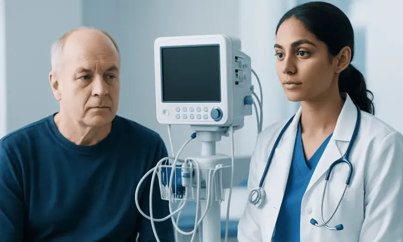 Doctor and patient in a hospital room with medical monitoring equipment.