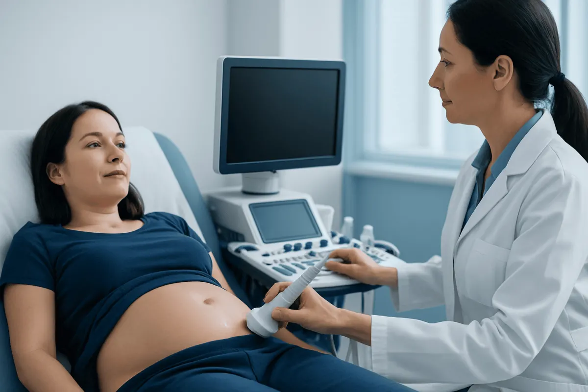 Doctor performing ultrasound on pregnant woman in hospital room.