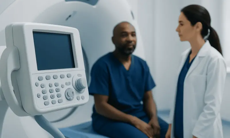 Medical professionals preparing for a scan in a hospital setting.