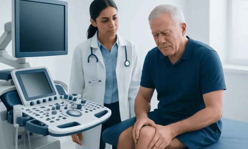 Doctor examining a patient's knee with ultrasound equipment in a clinic.