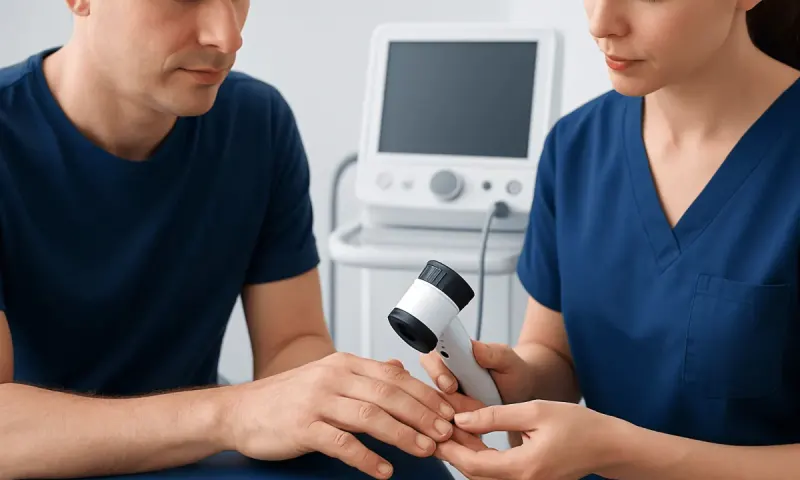 Doctor examining patient's nails with a dermatoscope at Acibadem Hospital.