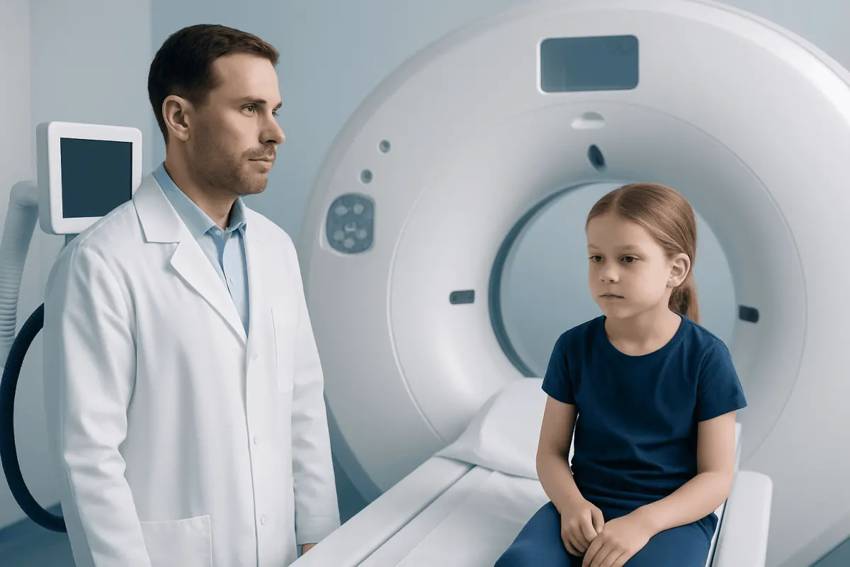 Pediatric patient and doctor in MRI scan room at Acibadem Hospital.