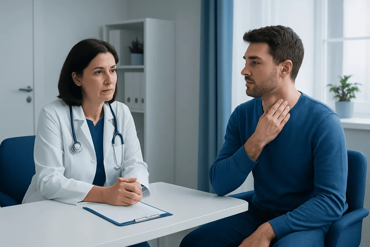 Doctor consulting with patient about allergy symptoms in a medical office.