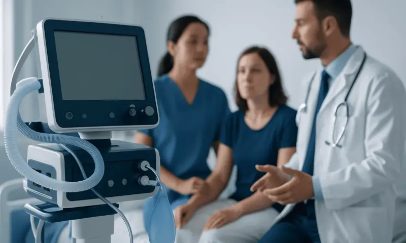 Medical team discussing patient care with ventilator in hospital.