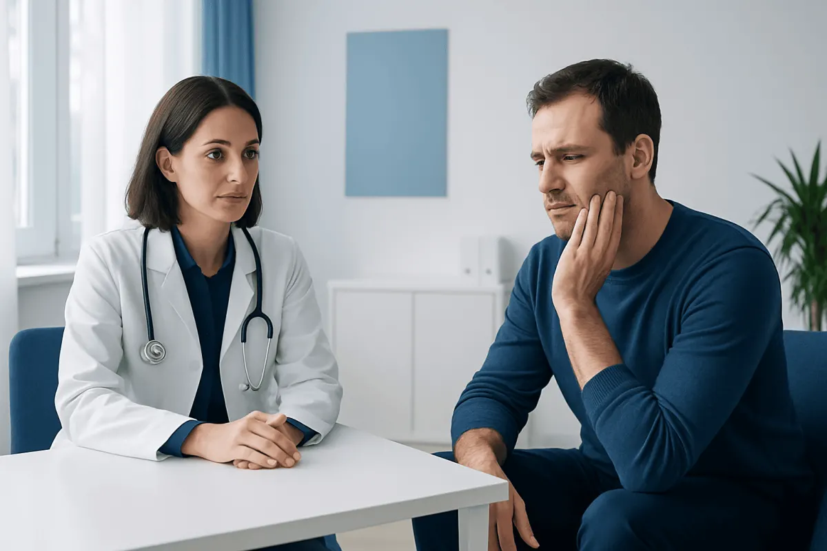 Doctor consulting with a male patient in a medical office.
