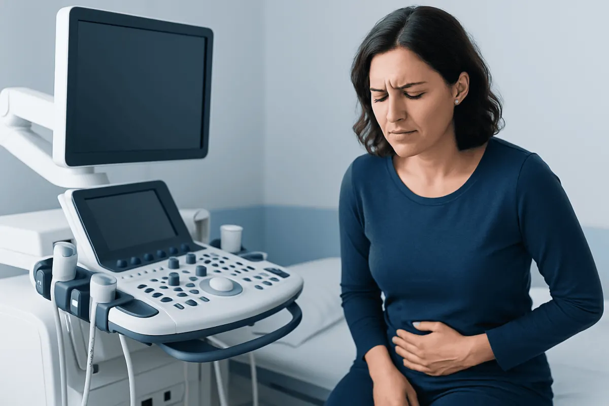Woman experiencing abdominal pain during medical ultrasound examination.