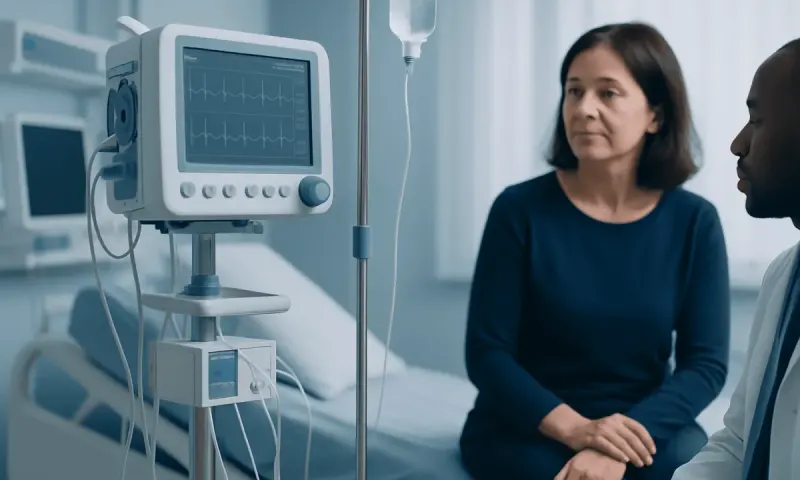 Patient in hospital room with medical monitor and healthcare professional.