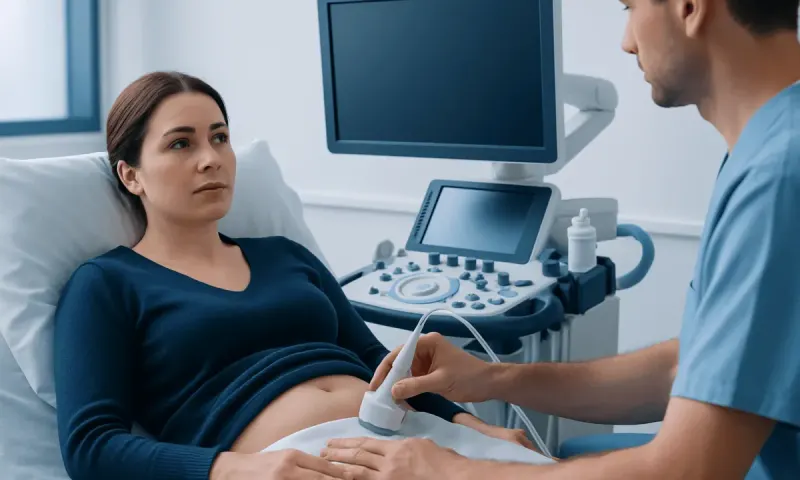 Doctor performing an ultrasound exam on a pregnant woman in a hospital.