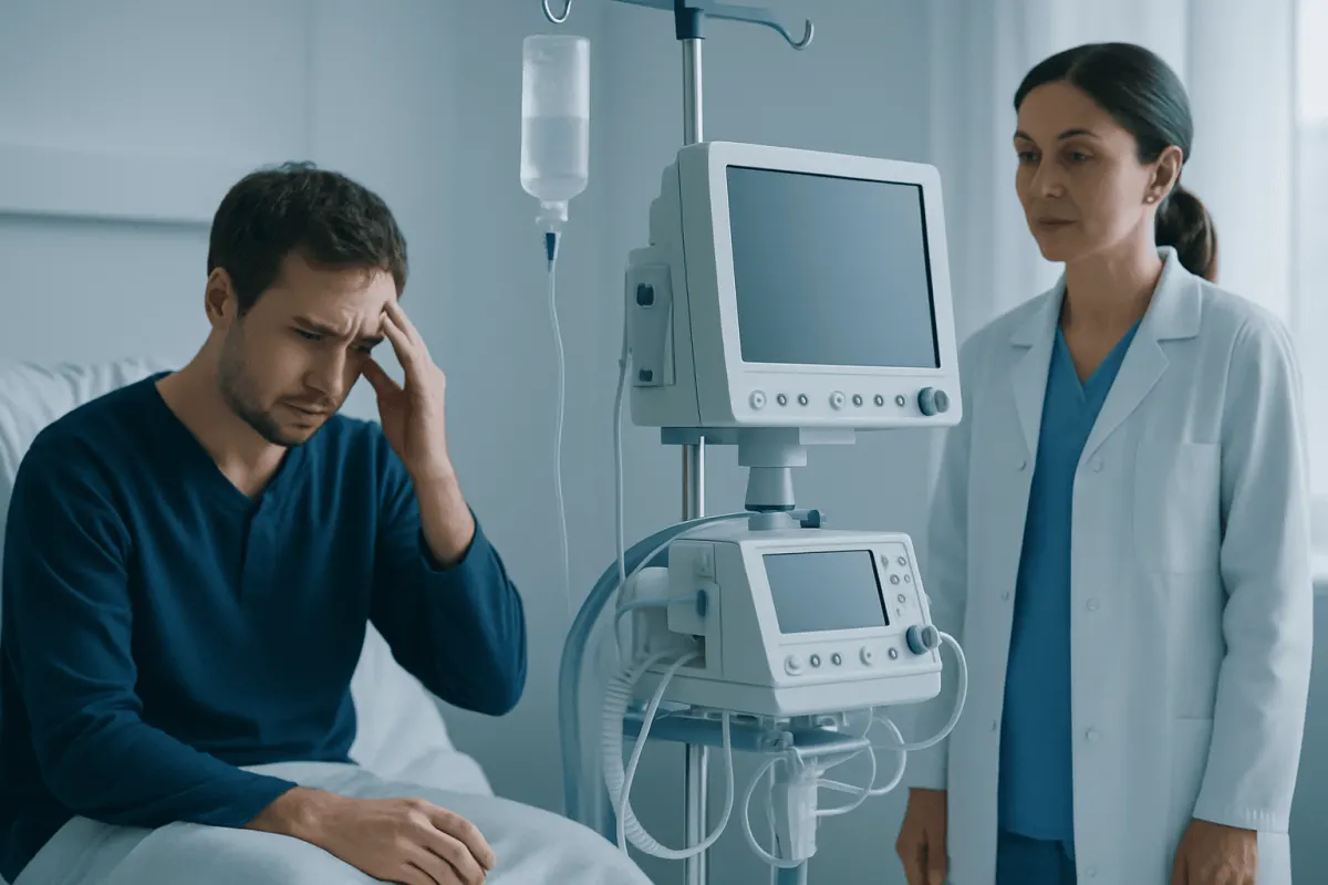 Patient in hospital bed with medical staff and monitoring equipment.