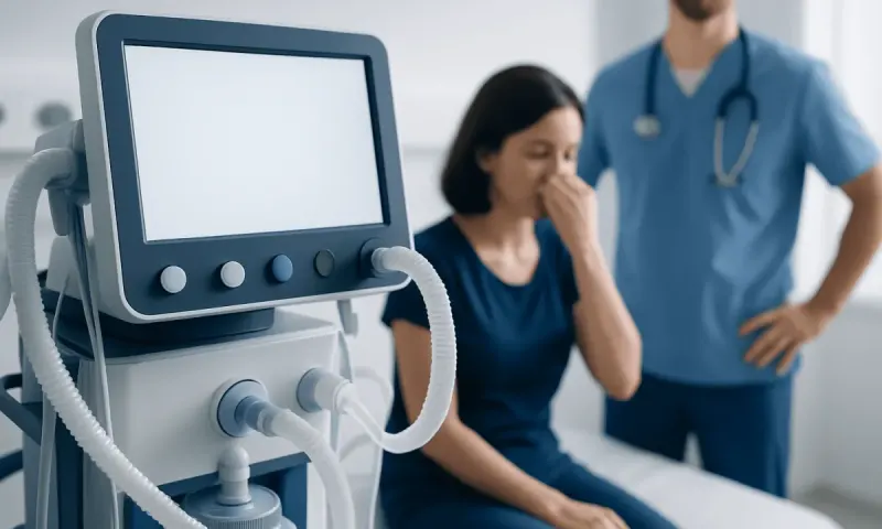Patient experiencing allergy symptoms in a hospital setting with medical equipment nearby.