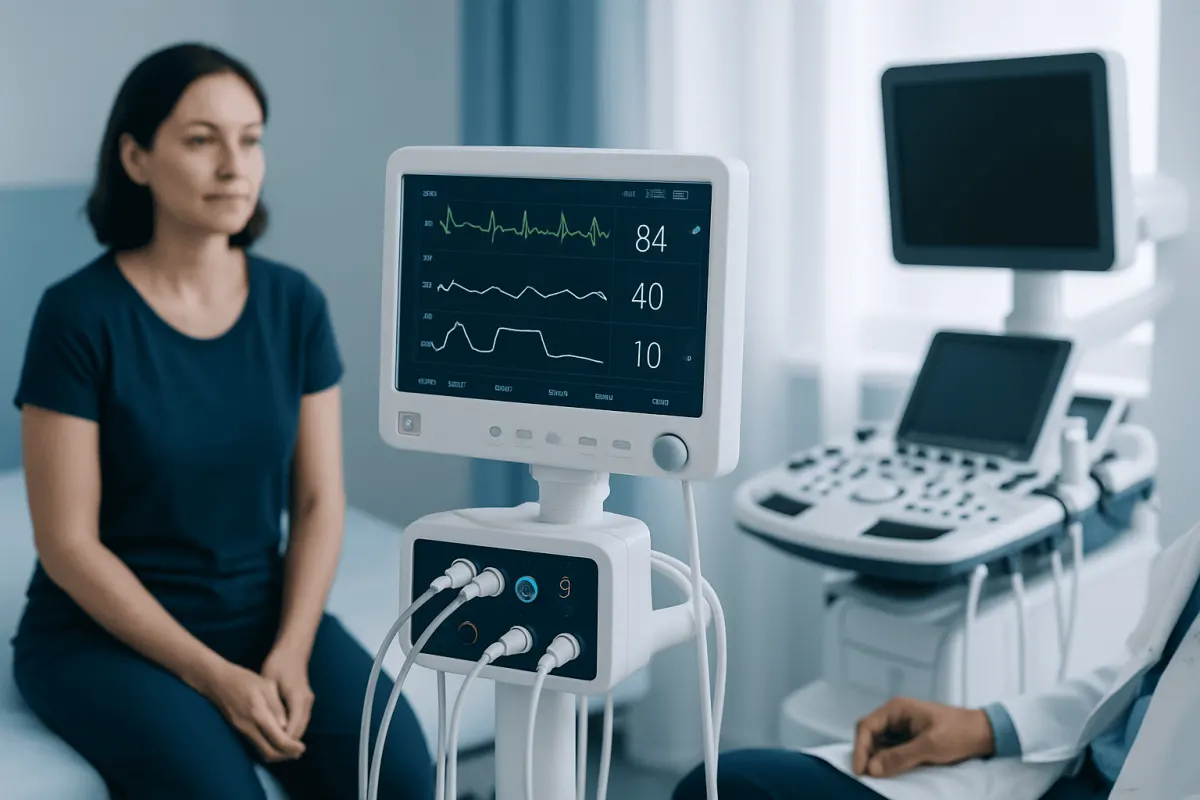 Patient undergoing cardiac monitoring in a hospital setting.