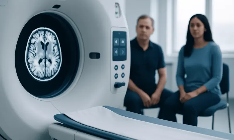 Brain MRI scan being examined by medical professionals in a clinical setting.