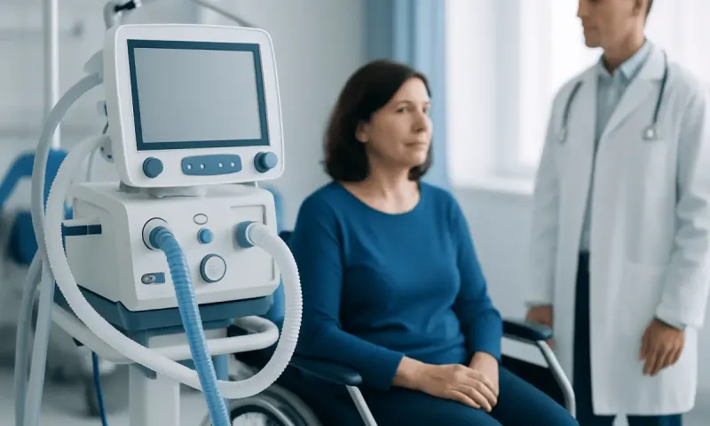 Patient in wheelchair undergoing respiratory therapy at Acibadem Hospital.