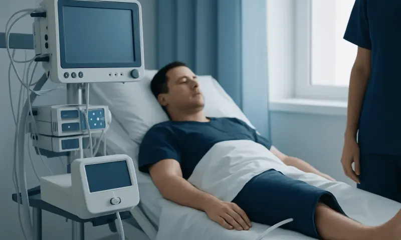 Patient in hospital bed connected to medical monitoring devices.