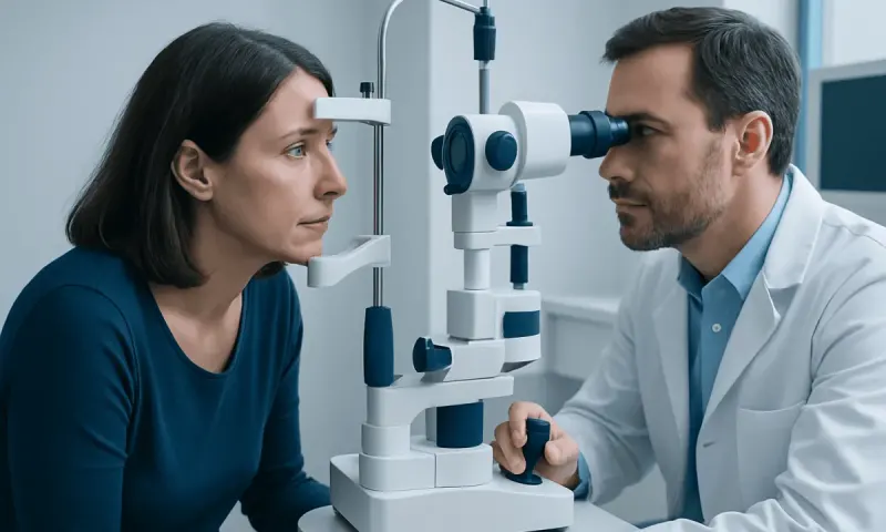 Ophthalmologist examining a patient's eye with a slit lamp microscope.