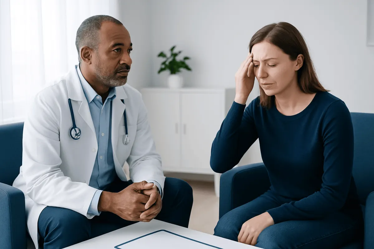 Doctor consulting with a woman experiencing sinus pain in a medical office.