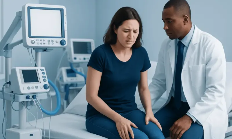 Patient experiencing thigh pain during medical consultation at hospital.